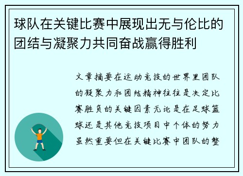 球队在关键比赛中展现出无与伦比的团结与凝聚力共同奋战赢得胜利