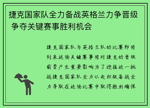 捷克国家队全力备战英格兰力争晋级 争夺关键赛事胜利机会