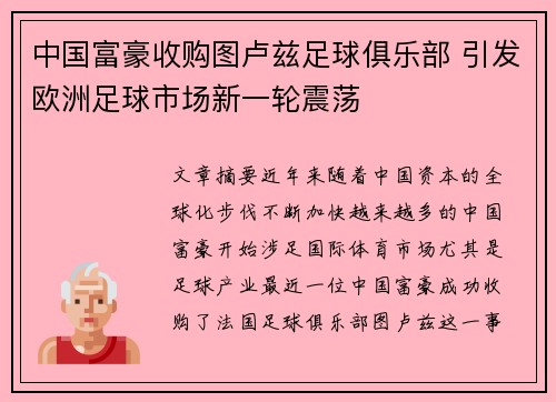 中国富豪收购图卢兹足球俱乐部 引发欧洲足球市场新一轮震荡