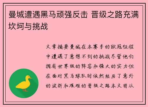 曼城遭遇黑马顽强反击 晋级之路充满坎坷与挑战