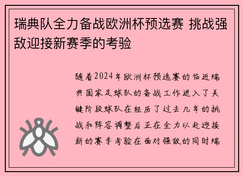 瑞典队全力备战欧洲杯预选赛 挑战强敌迎接新赛季的考验