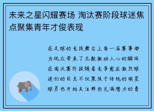 未来之星闪耀赛场 淘汰赛阶段球迷焦点聚集青年才俊表现