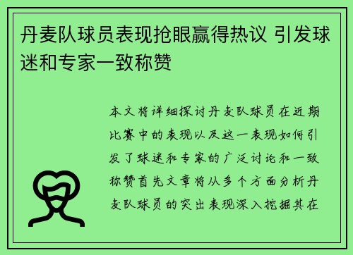 丹麦队球员表现抢眼赢得热议 引发球迷和专家一致称赞