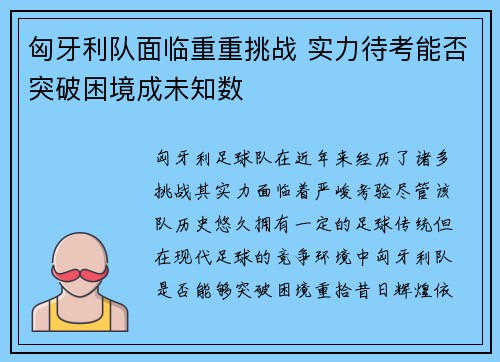 匈牙利队面临重重挑战 实力待考能否突破困境成未知数